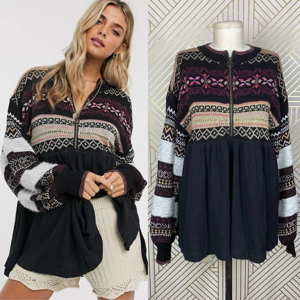 Free People Cozy Cottage Embroidered‎ Sweater In Black Size US Small